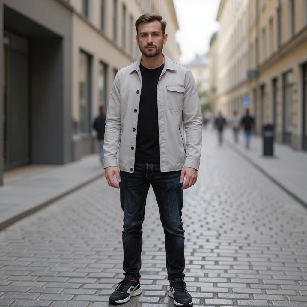 Hombre elegante caminando por una calle urbana con las zapatillas DIADORA deportivas negras, combinadas con vaqueros y una chaqueta casual.