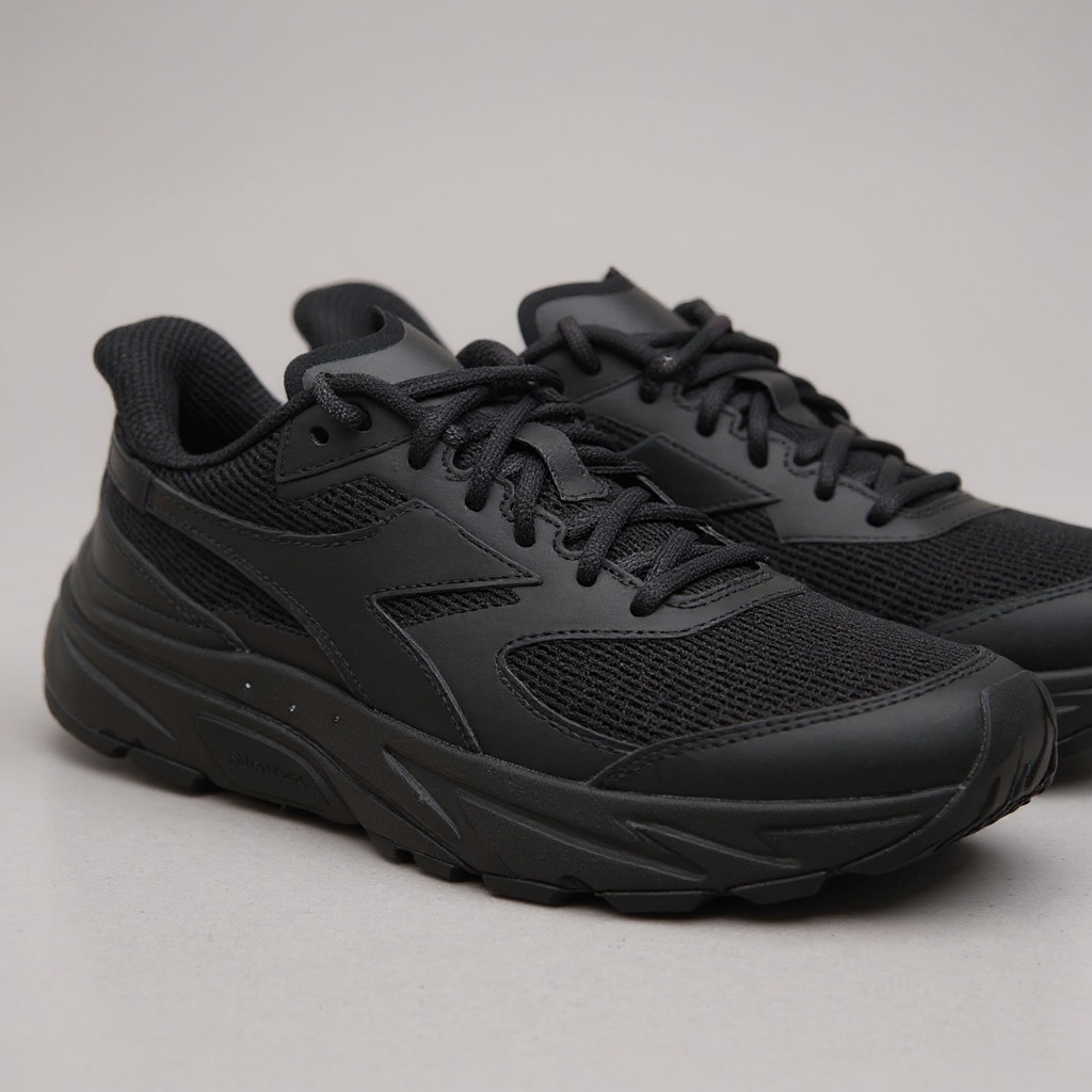 Detalle técnico de las zapatillas deportivas DIADORA negras, mostrando la combinación de malla, piel y suela de goma con patrón de tracción.