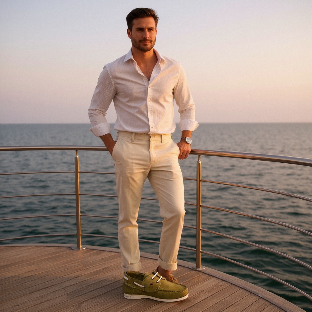 Hombre con náuticos Tommy Hilfiger arena en un yate al atardecer, mostrando un estilo de vida relajado y elegante.
