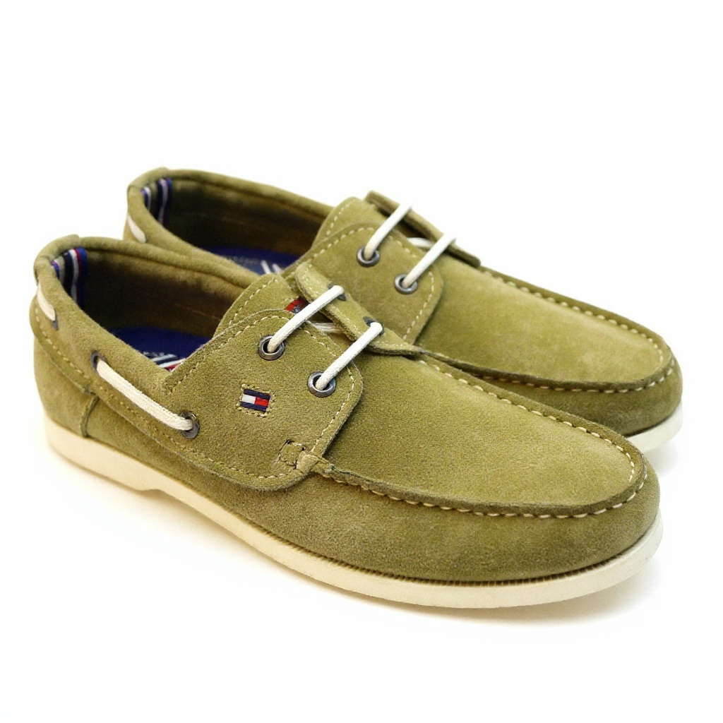 Detalle técnico de los náuticos Tommy Hilfiger arena, mostrando la textura de los materiales BLOK, BAD, y NBK, con costuras de alta calidad.