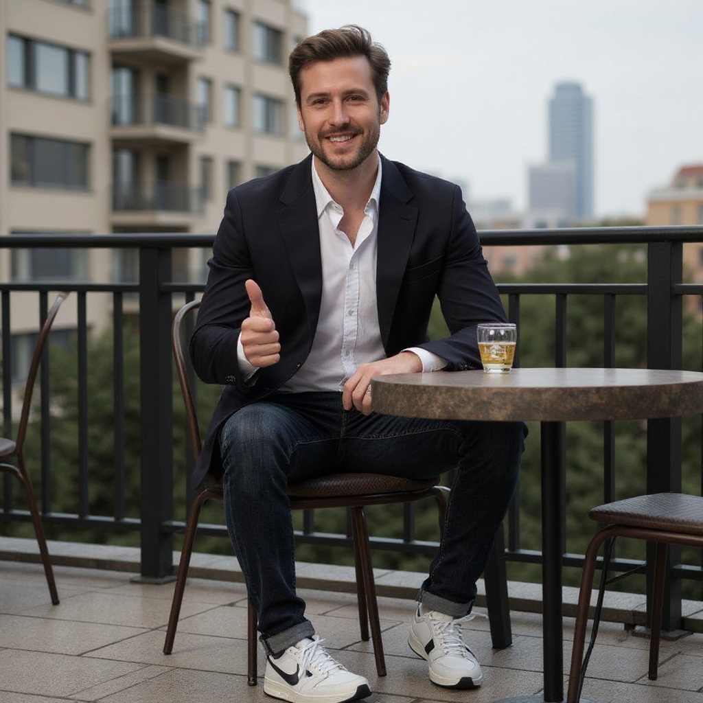 Hombre elegante con vaqueros y blazer, luciendo las deportivas DIADORA BL/PLATA en una terraza urbana.