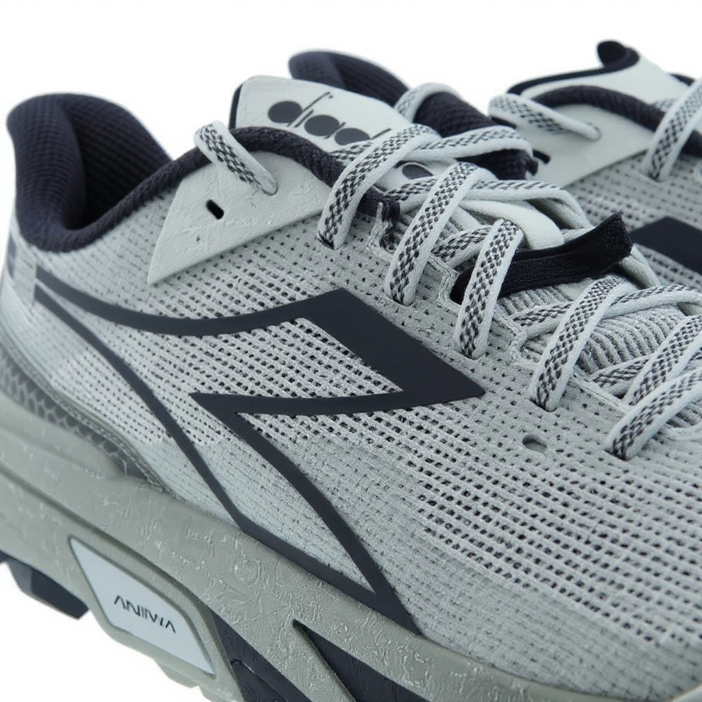 Detalle técnico de las deportivas DIADORA BL/PLATA, mostrando la combinación de piel, tejido técnico y suela amortiguada.