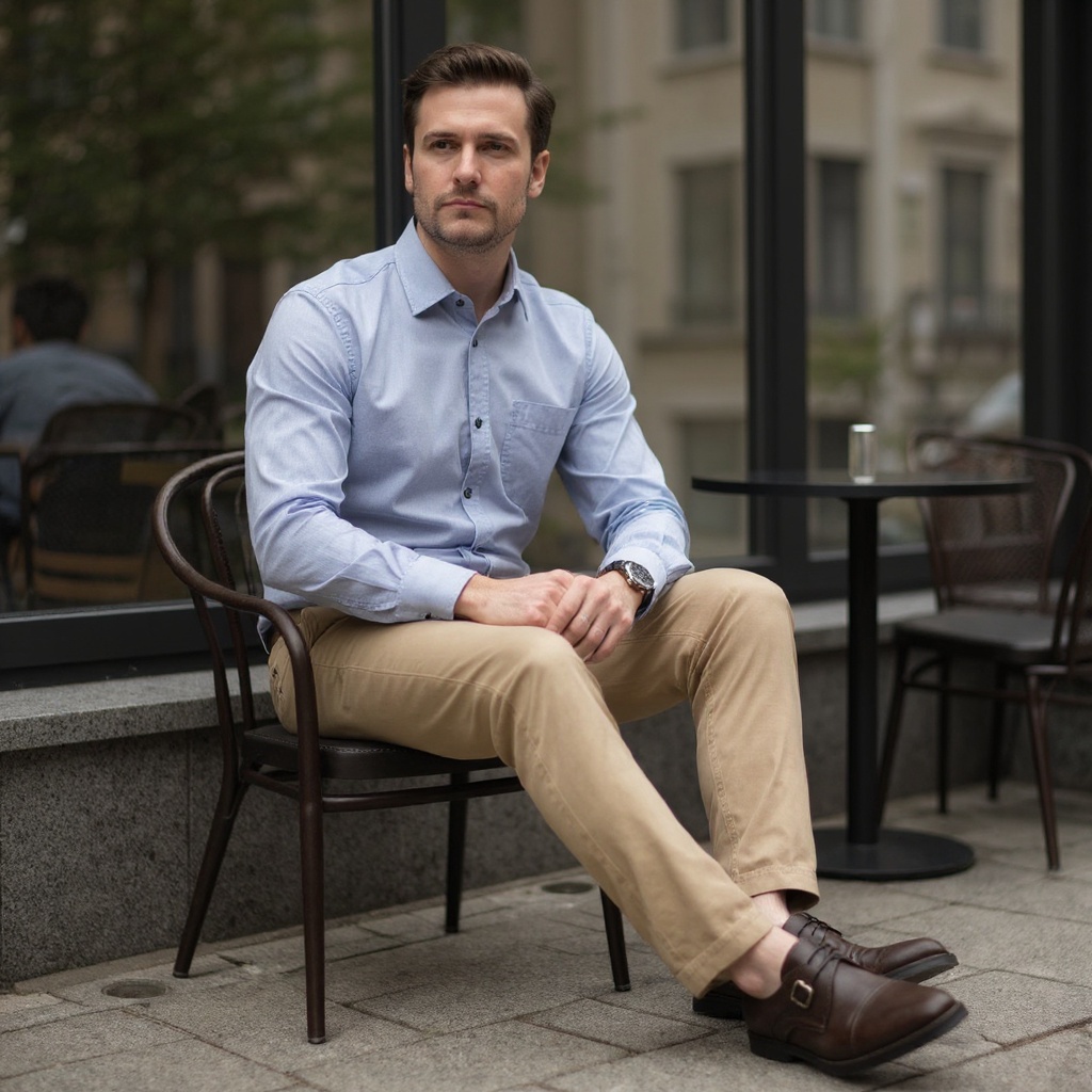 Hombre con zapatos blucher marrones CALCE en un entorno urbano, mostrando un estilo elegante y casual.