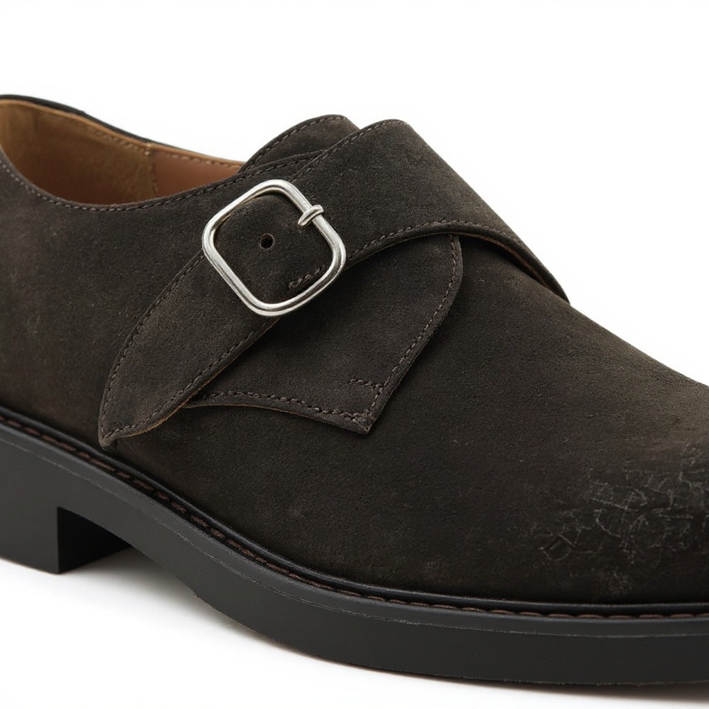 Detalle técnico del zapato blucher marrón CALCE, mostrando la textura de la piel nubuck y la suela SPAY.