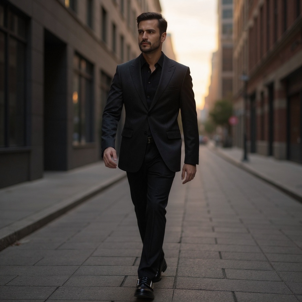 Hombre elegante caminando con zapatos CALCE Hebilla negros en un entorno urbano sofisticado.