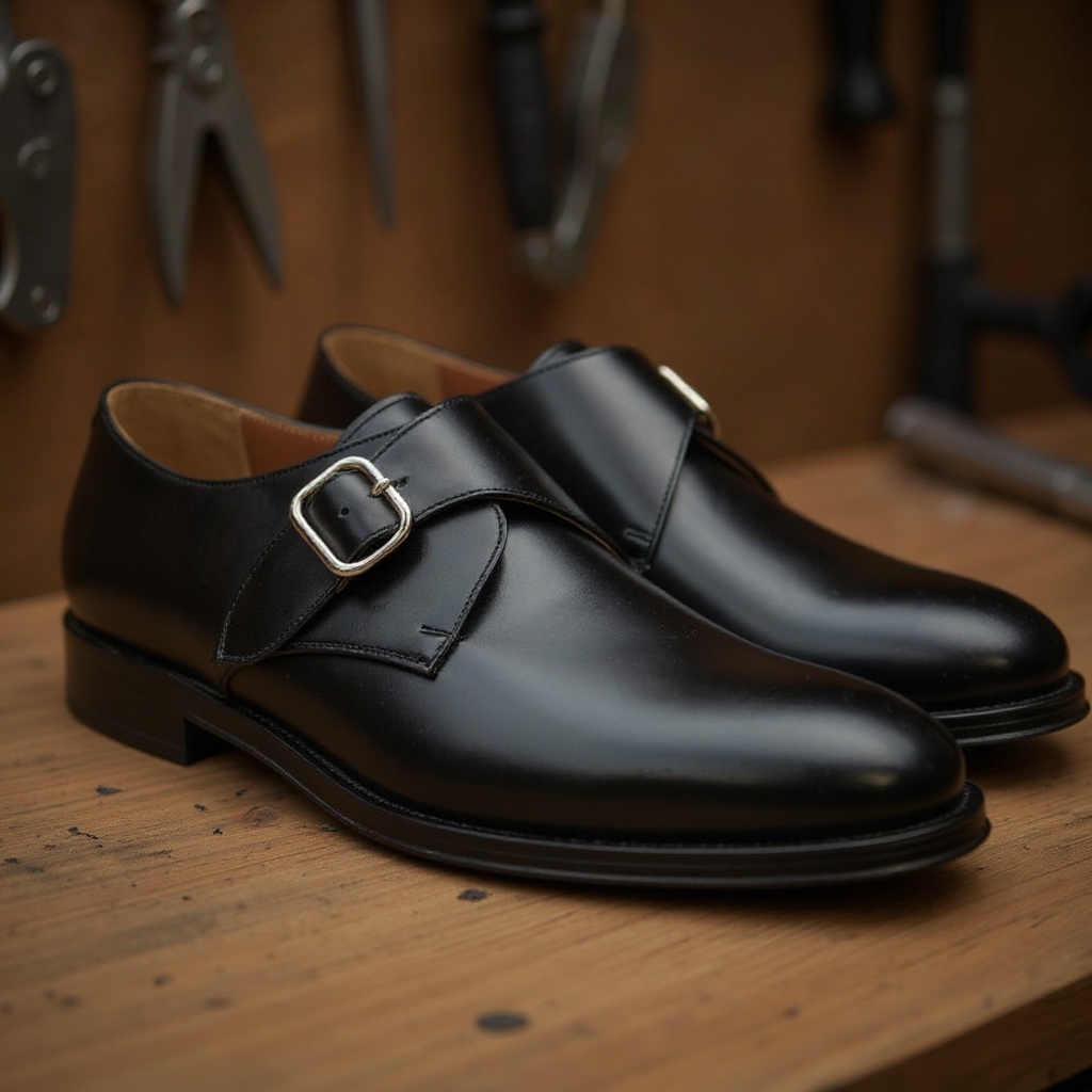 Primer plano de un zapato CALCE Hebilla negro en un taller, mostrando la calidad de la piel, la hebilla y la suela SPAY.