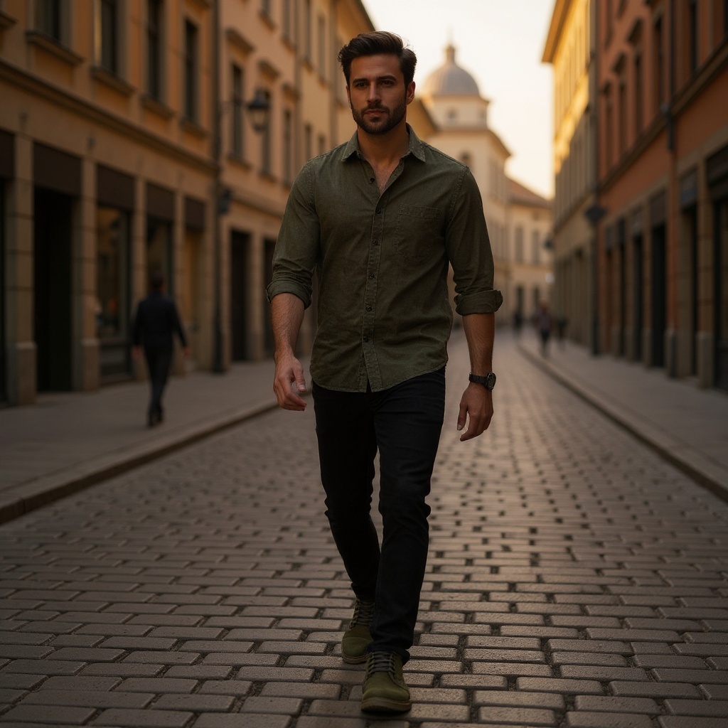 Hombre con botas CALCE verdes combinadas con pantalones oscuros y una chaqueta elegante en un entorno urbano.