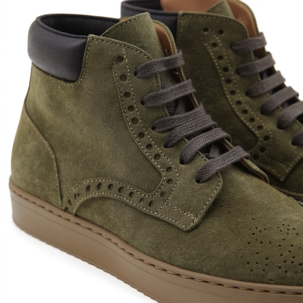 Detalle de los materiales BLOK, piel y NBK de la bota CALCE verde, mostrando la calidad de la construcción y las costuras.