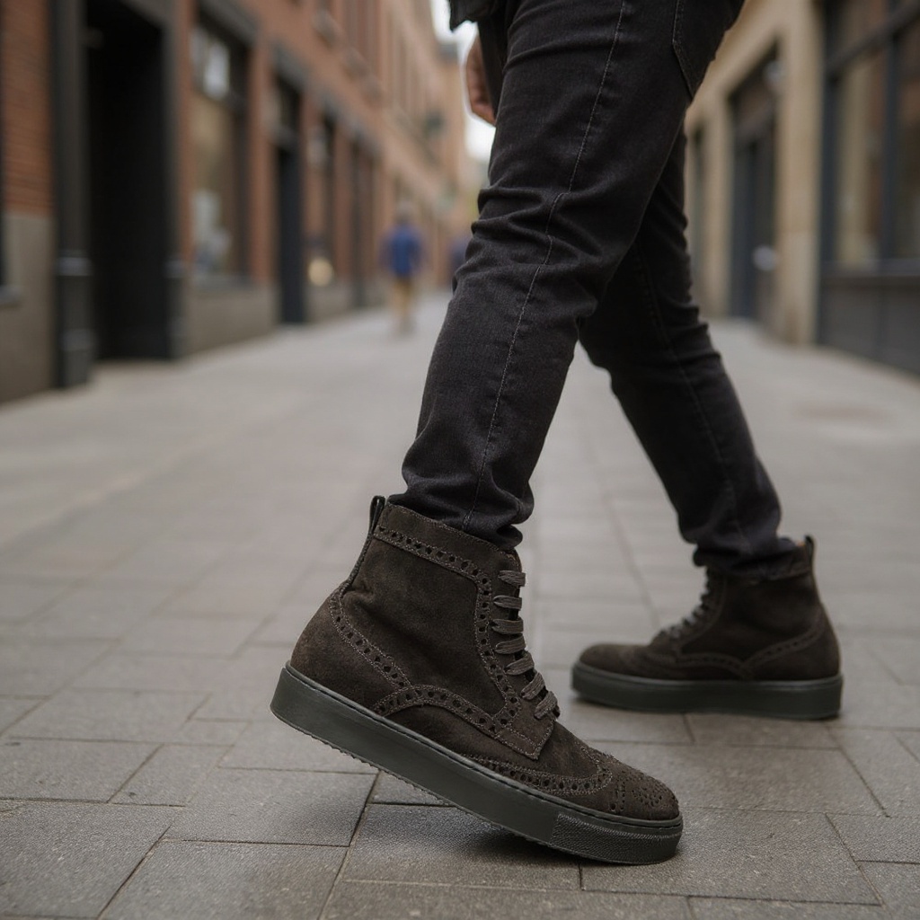 Hombre caminando en entorno urbano con botas CALCE marrones, combinadas con vaqueros y jersey.