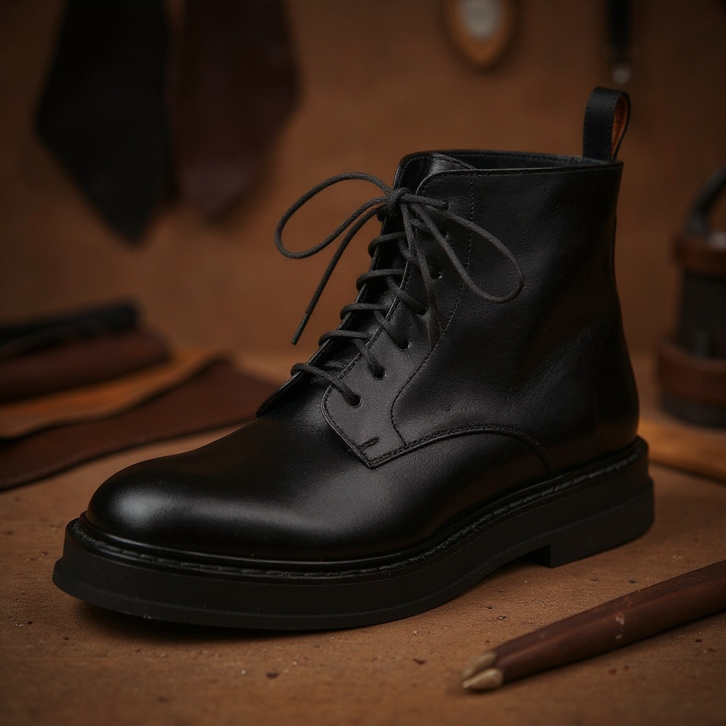 Detalle de la bota CALCE negra, mostrando la piel Box Calf, las costuras y la suela BLOK.