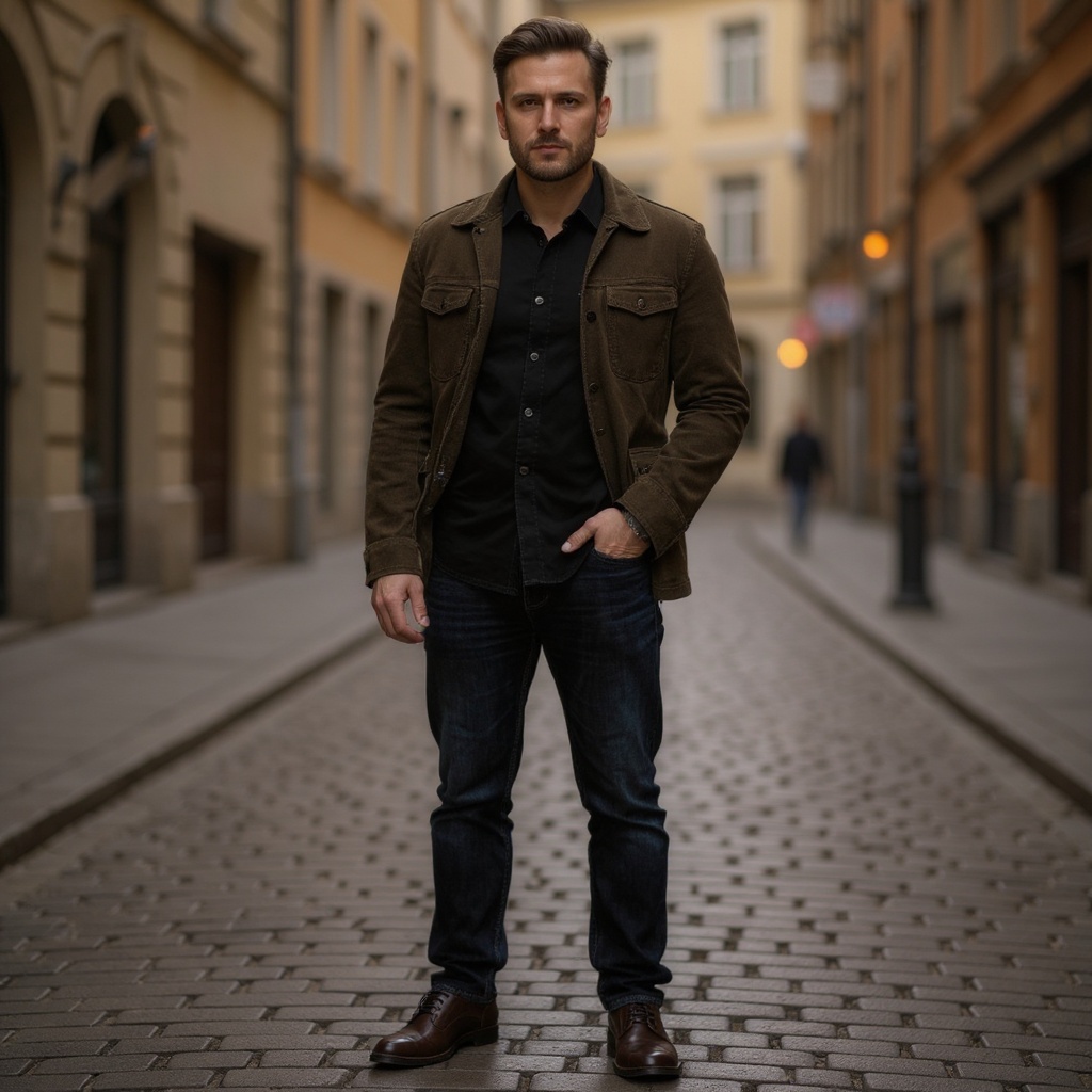 Hombre elegante con botines de cuero CALCE color marrón caminando por una calle adoquinada europea.
