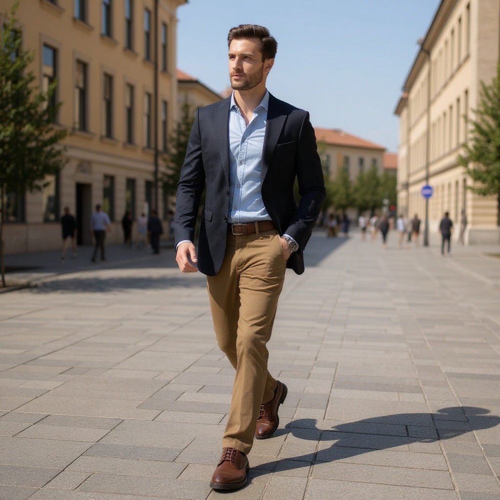 Hombre elegante con zapatos blucher marrón CALCE caminando por una plaza urbana.