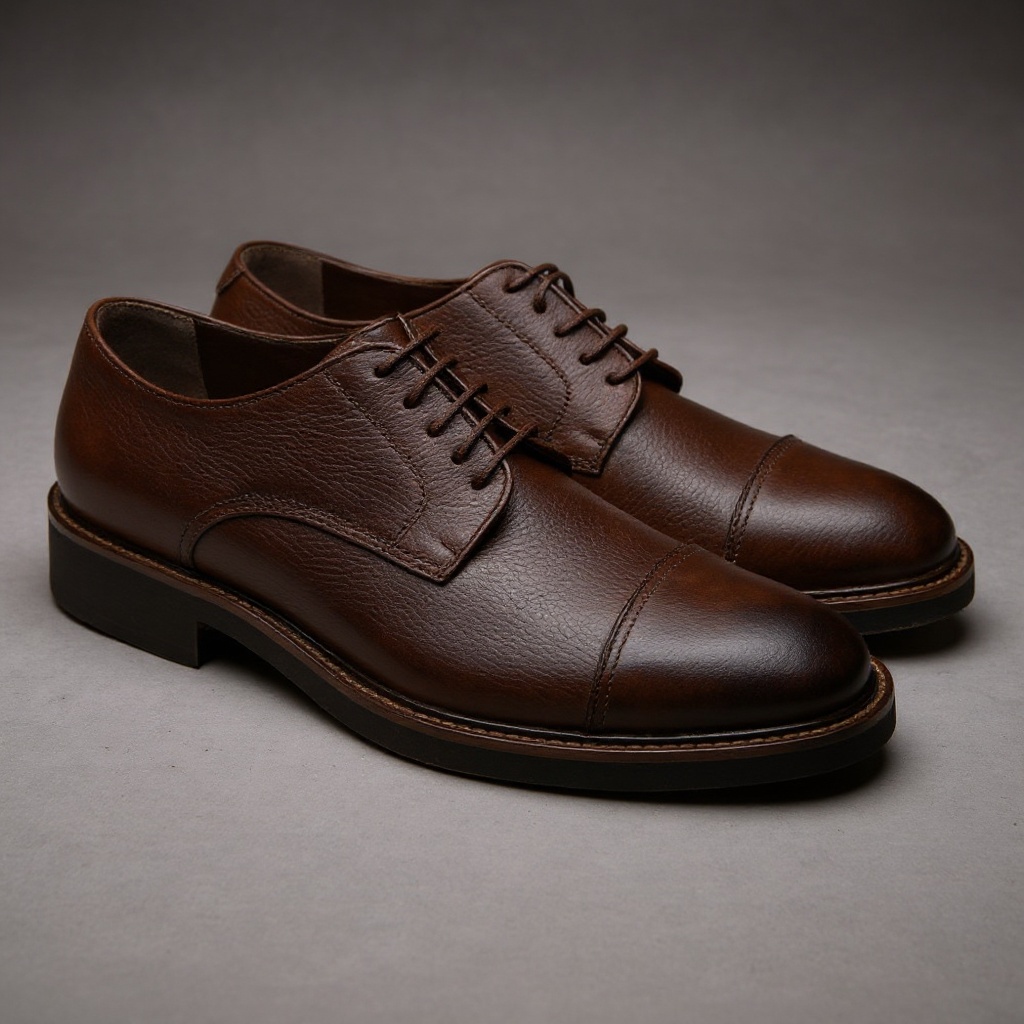 Detalle técnico de los zapatos blucher marrón CALCE, mostrando la piel de calidad, la suela SPAY y acabados NBK.