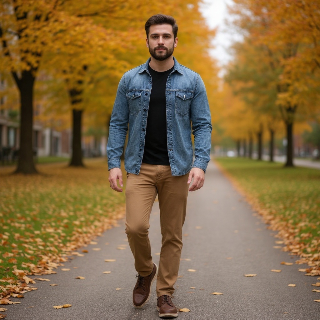 Hombre elegante paseando en un parque urbano con zapatillas deportivas de cuero CALCE.