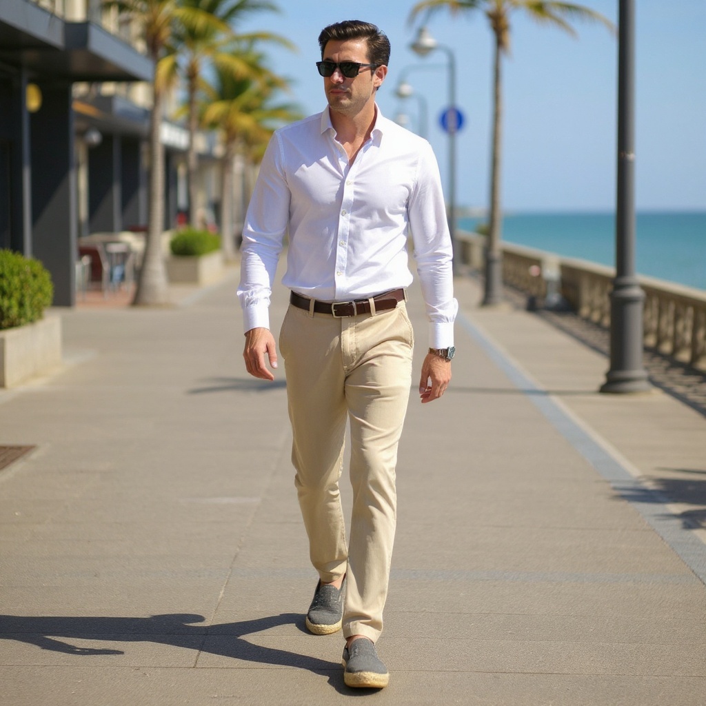 Hombre elegante con chinos y camisa de lino, paseando por la ciudad con mocasines de cañamo gris Tommy Hilfiger.