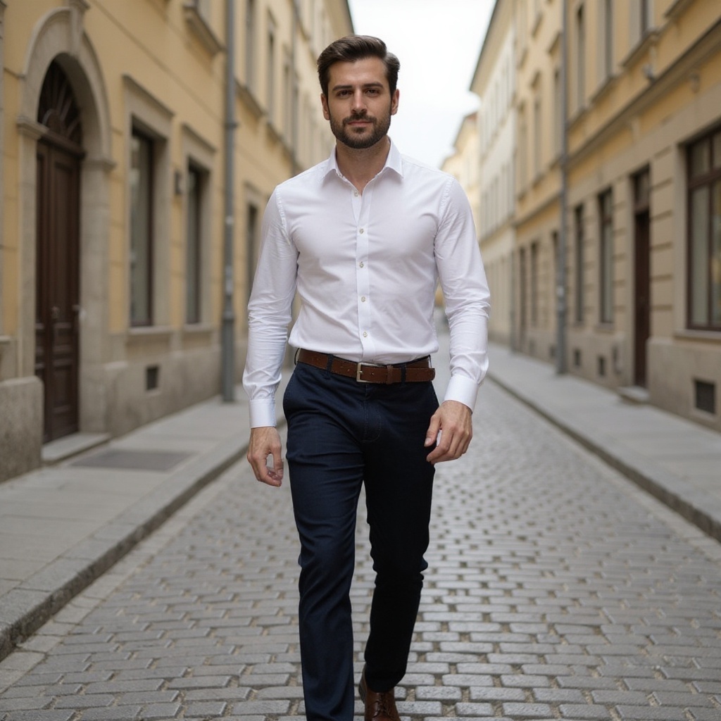 Hombre con estilo luciendo los CALCE blucher marrones en un entorno urbano elegante, con pantalones chinos y camisa.
