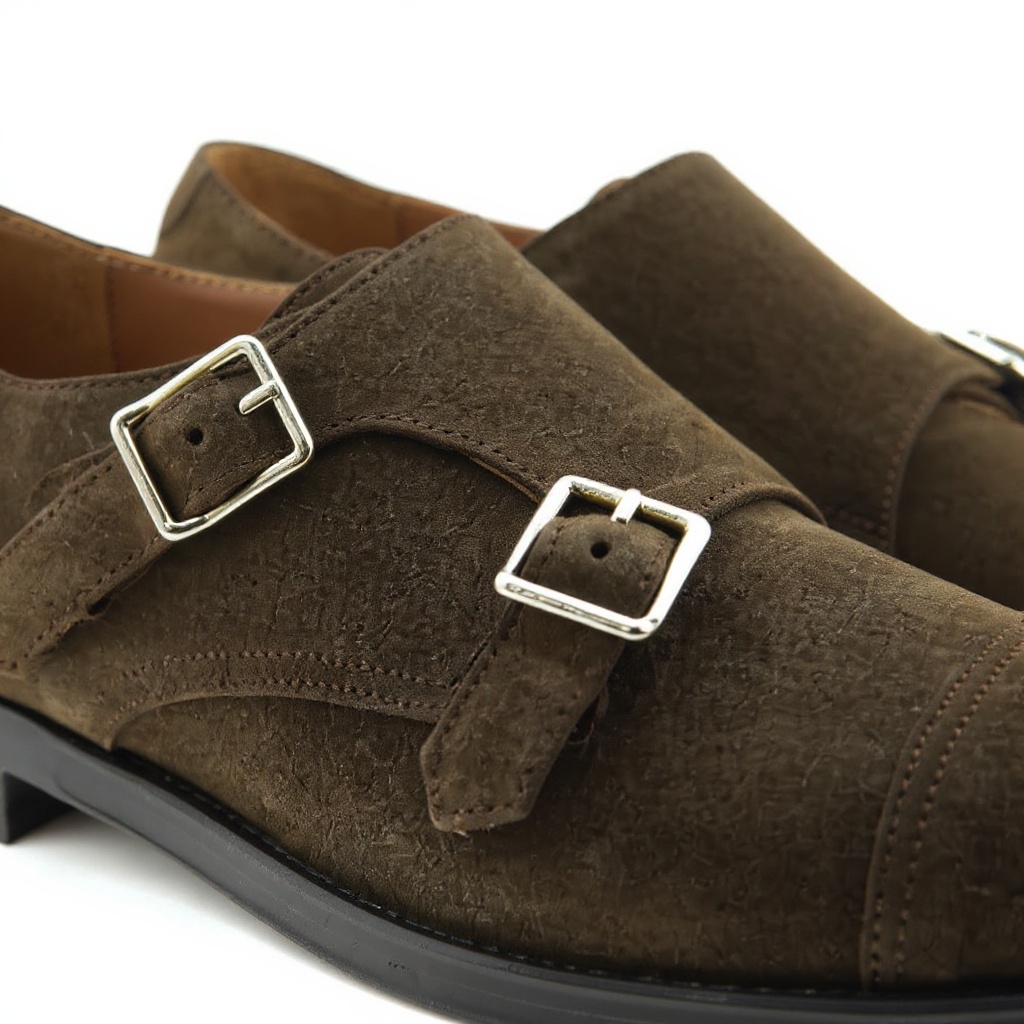 Primer plano de los zapatos doble hebilla marrones CALCE, mostrando la calidad de la piel y la suela.