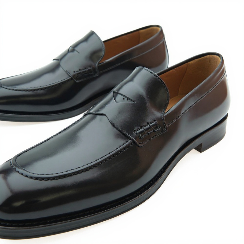 Detalle de los mocasines CALCE negros, mostrando la piel antic y la construcción de la suela SPAY.