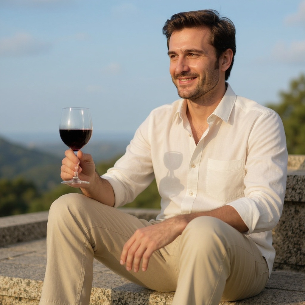 Hombre elegante con mocasines marrones CALCE combinados con pantalón de lino en una terraza al atardecer.