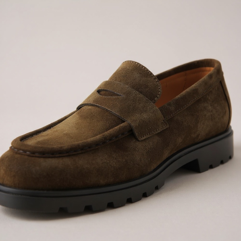 Detalle de la piel y la costura artesanal de los mocasines marrones CALCE, mostrando la calidad de los materiales BLOK, PIEL y NBK.