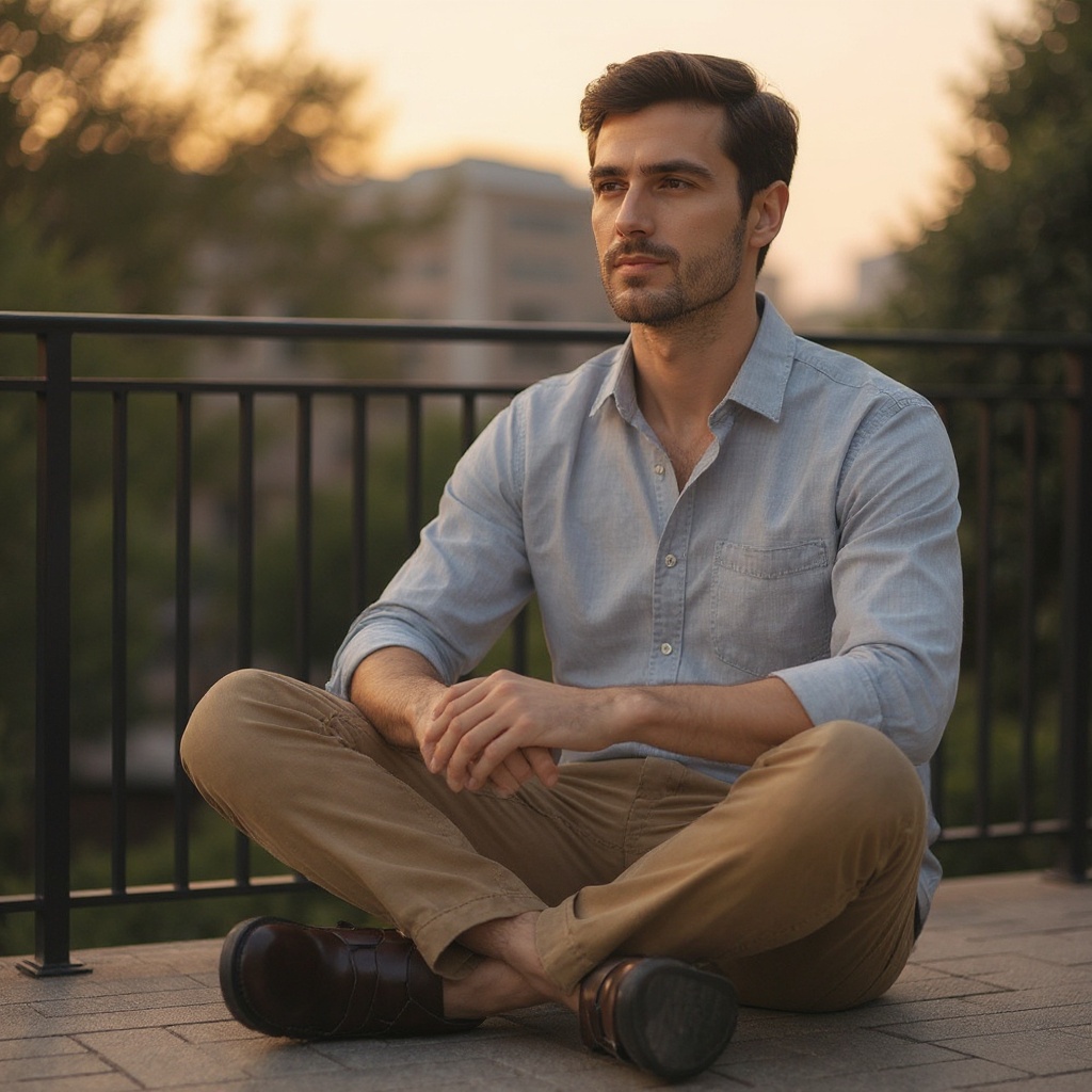 Hombre elegante usando mocasines CALCE marrones en un ambiente relajado de terraza de café.
