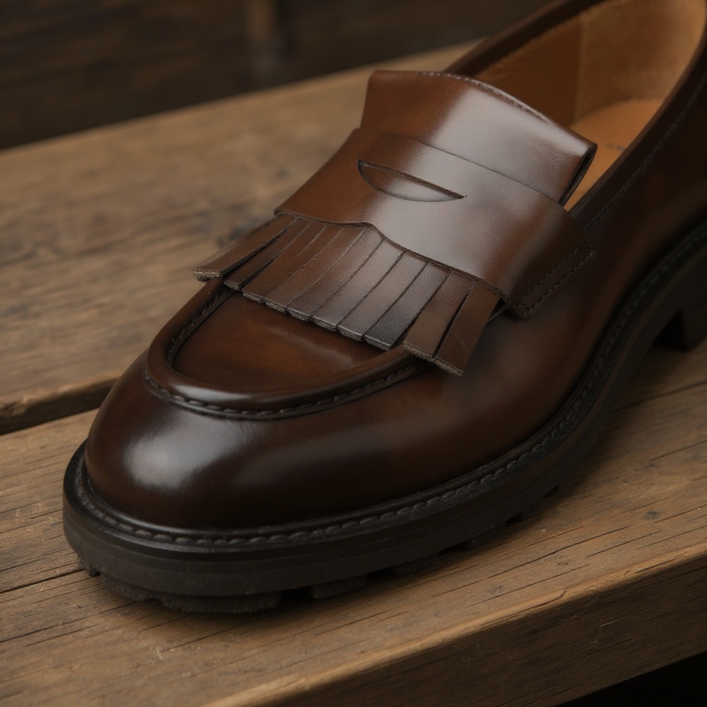 Primer plano de un mocasín CALCE marrón, destacando la calidad de la piel, las texturas BLOK y CROKET, y el detalle de la costura.