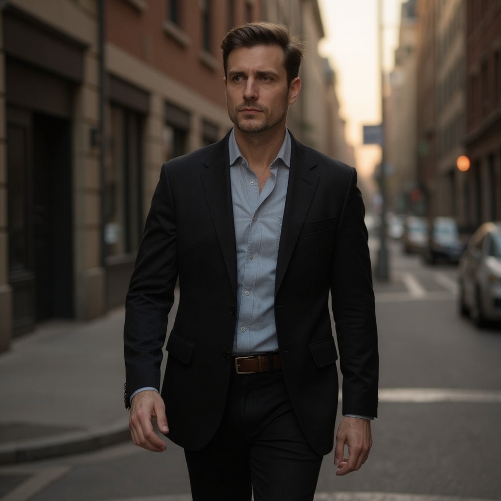 Hombre elegante con mocasines negros CALCE combinando estilo y comodidad en un entorno urbano.