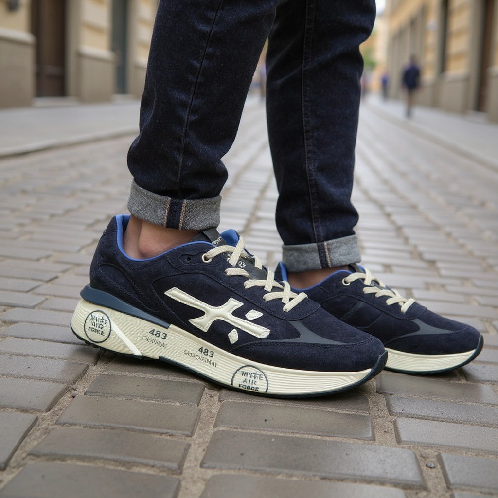 Hombre elegante caminando por una calle adoquinada, vistiendo vaqueros oscuros y camisa de lino azul claro, con las deportivas PREMIATA azules destacando en un entorno urbano.