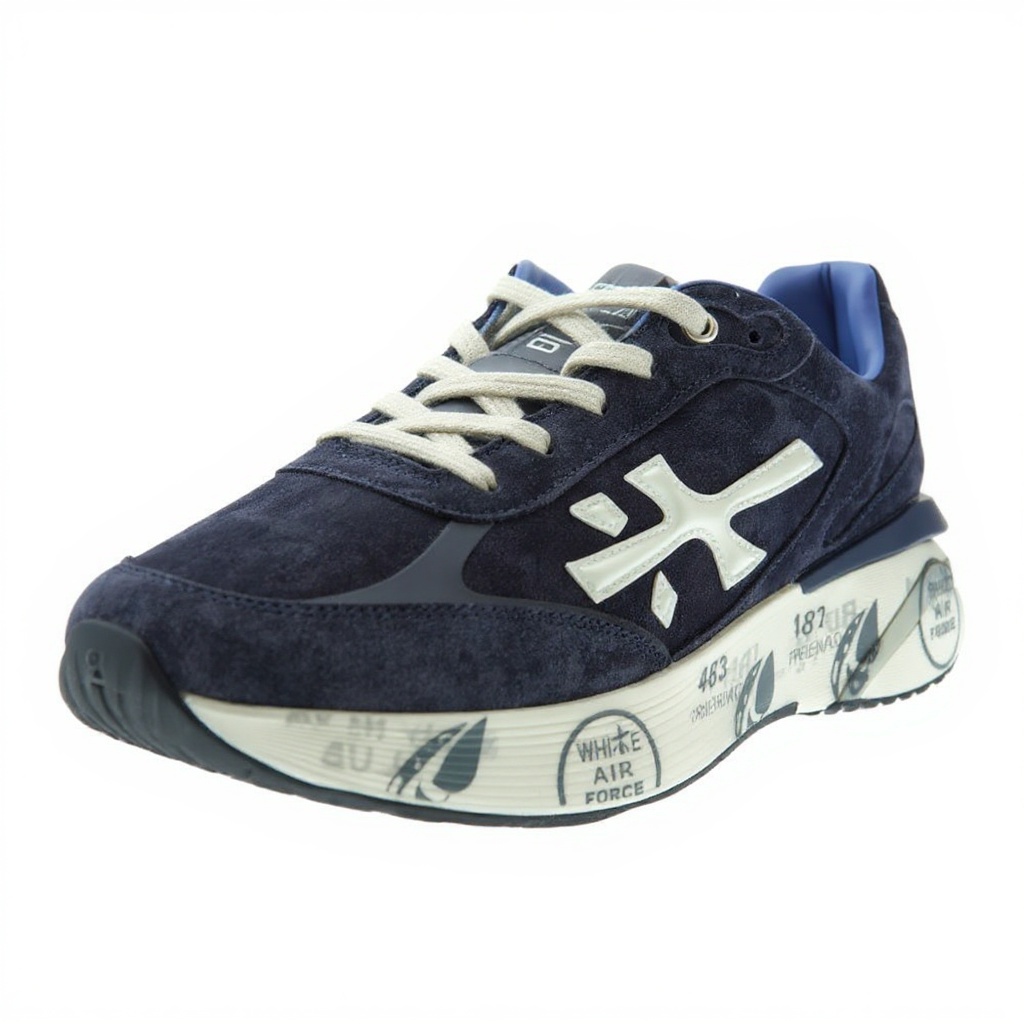 Primer plano detallado de las deportivas PREMIATA azules, resaltando la combinación de tejidos BLOK, piel y nubuck, con enfoque en la costura y la estructura de la suela.