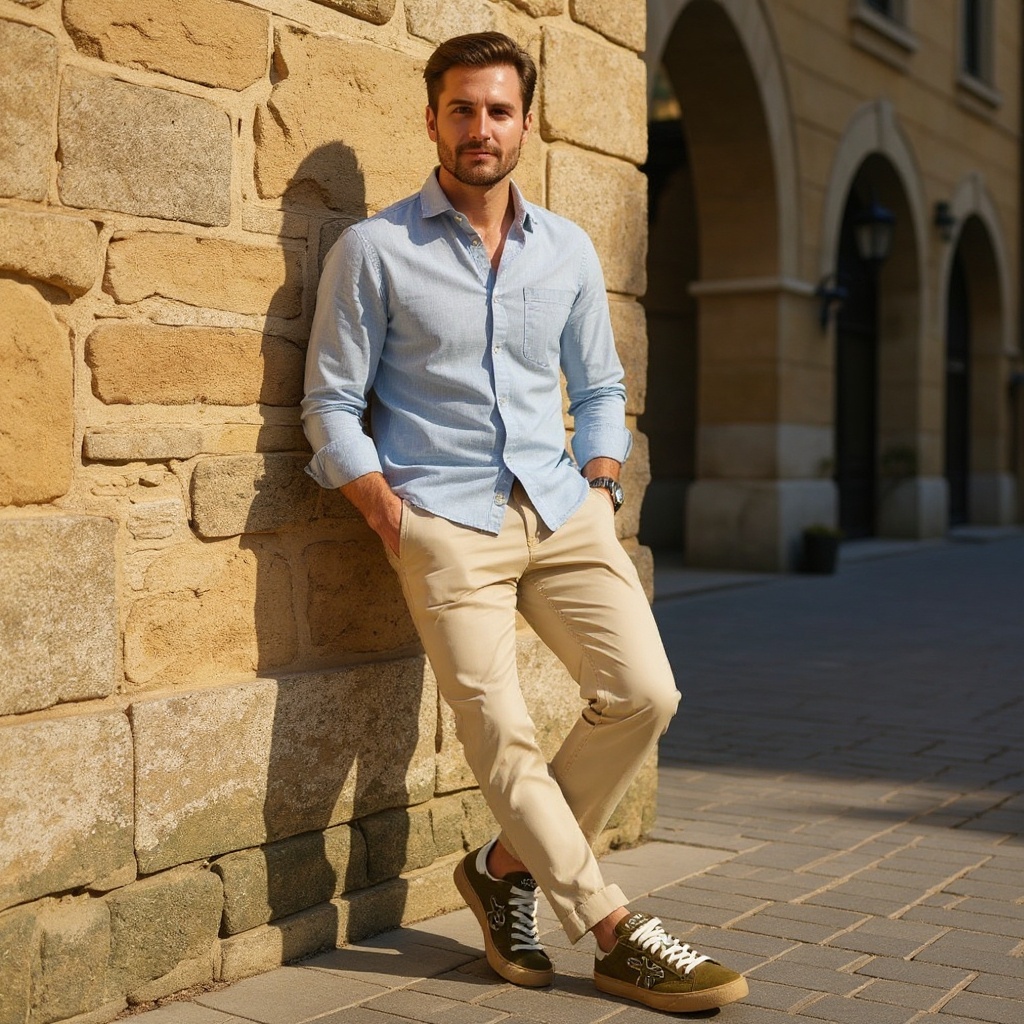 Hombre con zapatillas PREMIATA deportivas arena, chinos beige y camisa de lino, paseando por una plaza europea.