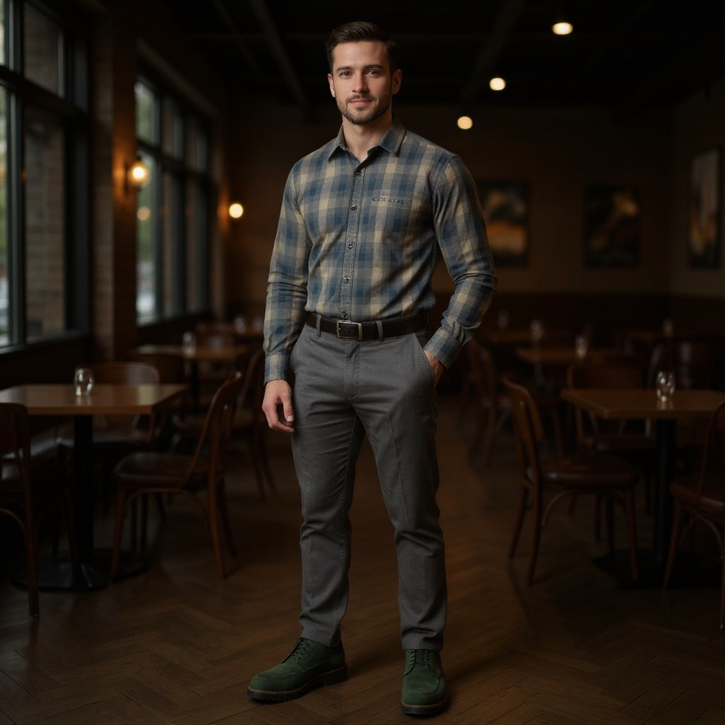 Hombre vistiendo botines verdes CALCE en un ambiente urbano, combinados con pantalones chinos y camisa.