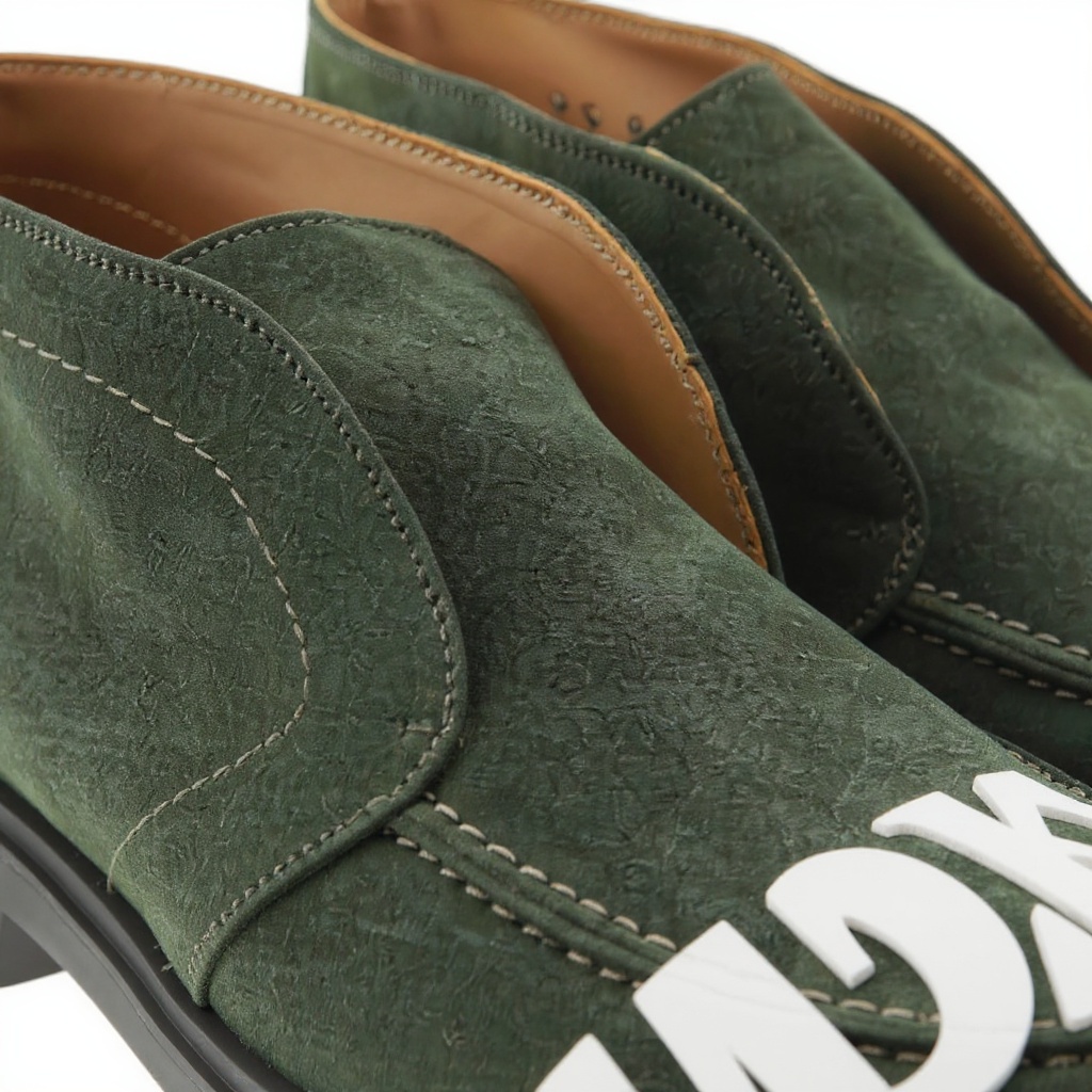 Detalle de los materiales y la construcción del botín CALCE verde, mostrando la piel, el nubuck y la suela BLOK.