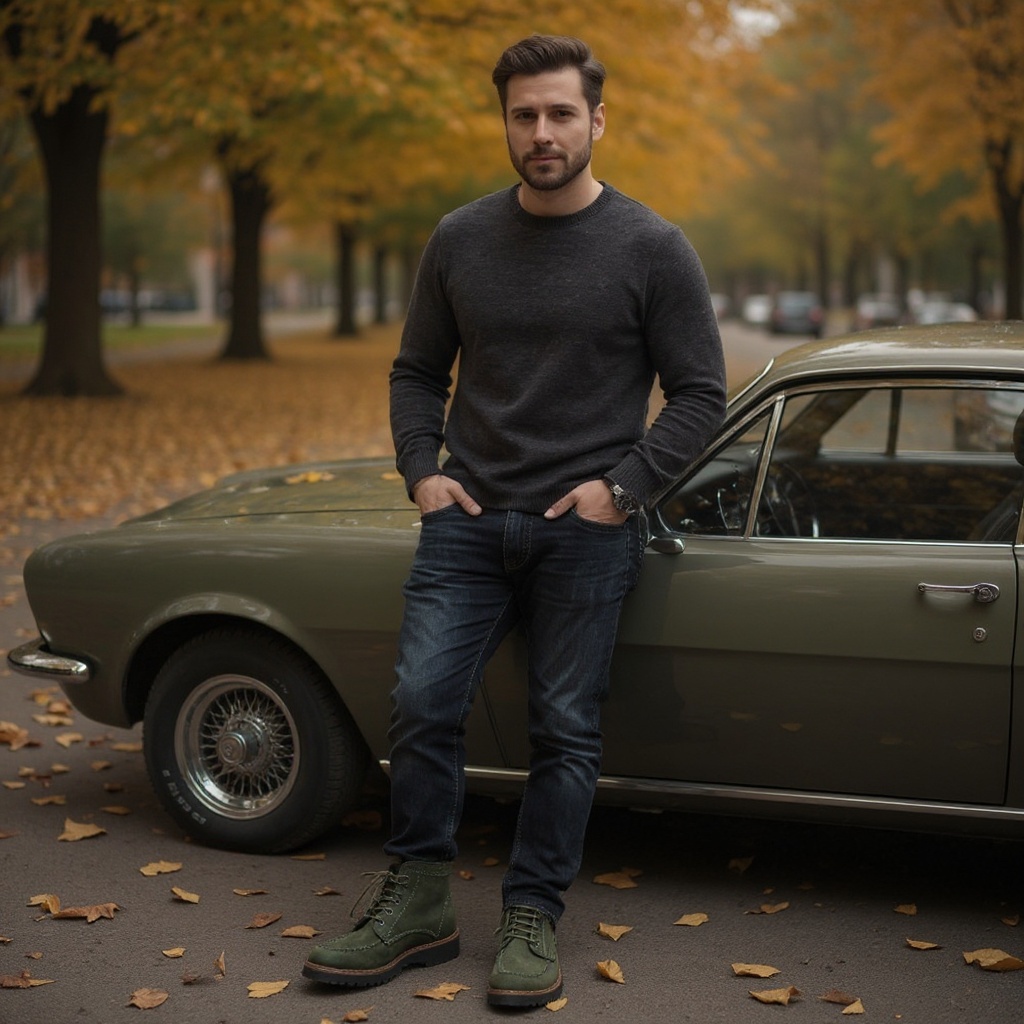 Hombre elegante con botas verdes CALCE de piel, paseando por un parque urbano en otoño.