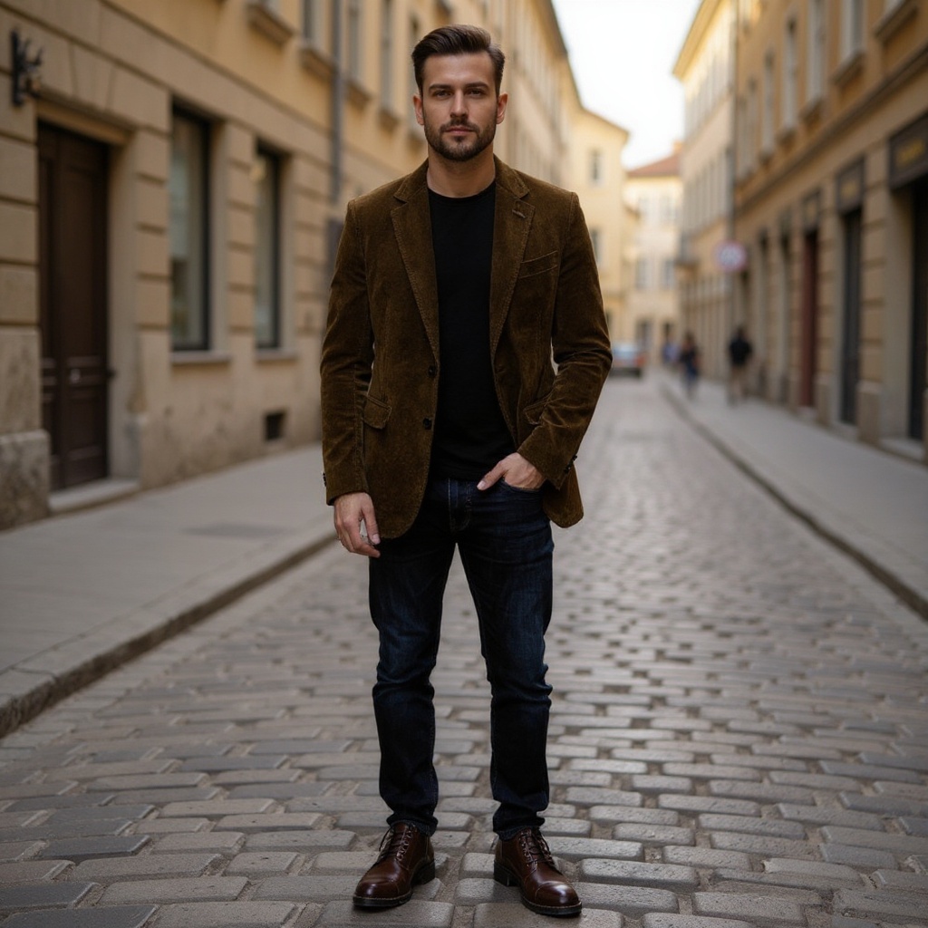 Hombre con botas CALCE de cuero combinando jeans y blazer en un entorno urbano.