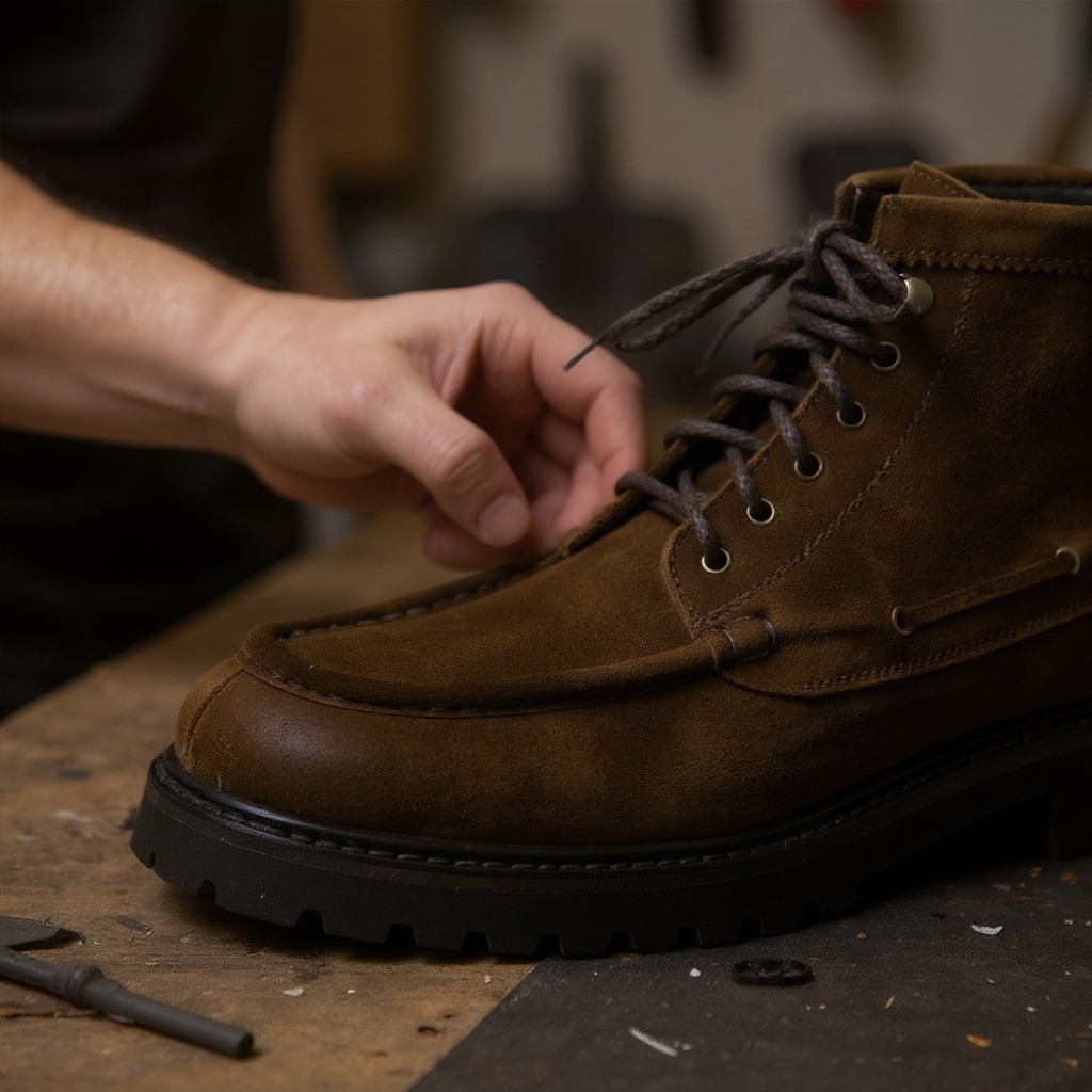 Detalle de la bota CALCE de cuero, mostrando la piel y el nubuck con costuras de alta calidad.