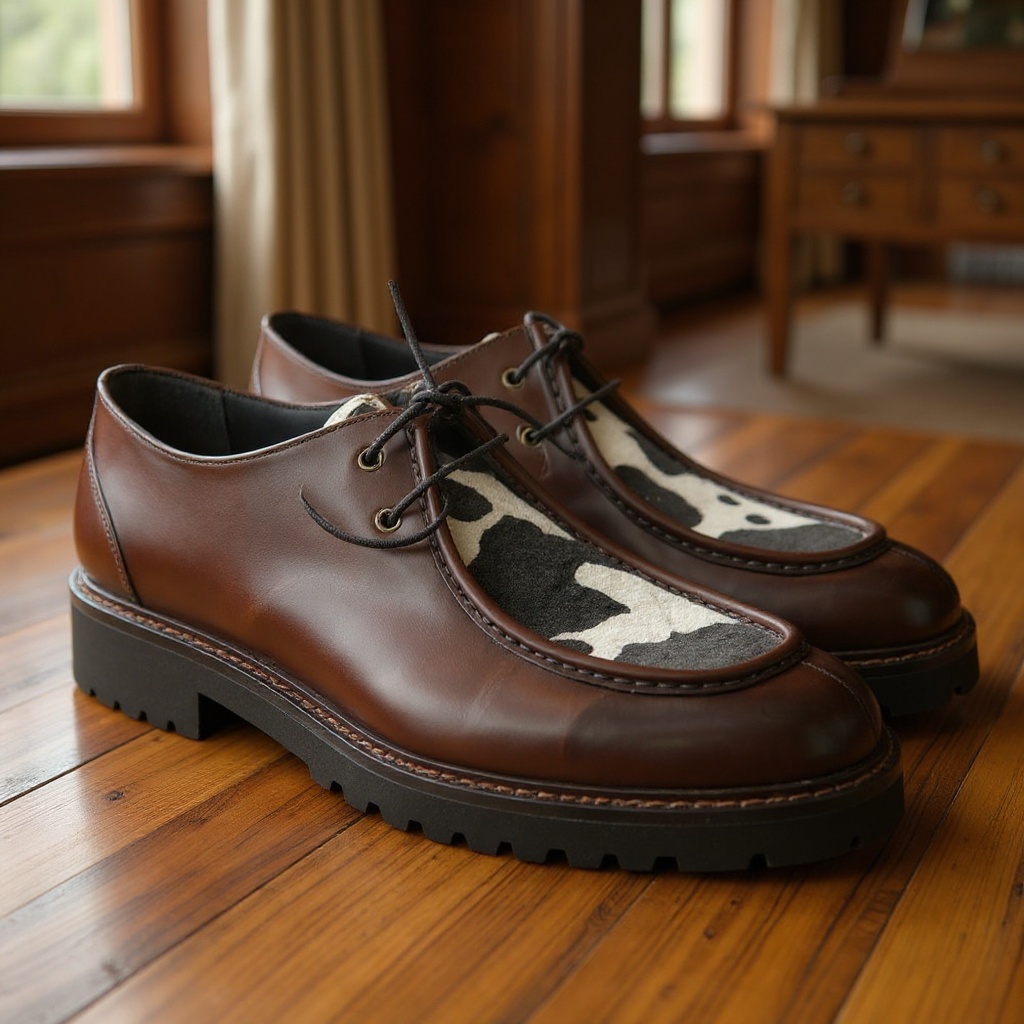 Zapatos CALCE blucher cacao, en un entorno elegante con pantalones sastre y chaqueta, simbolizando el estilo de vida sofisticado.