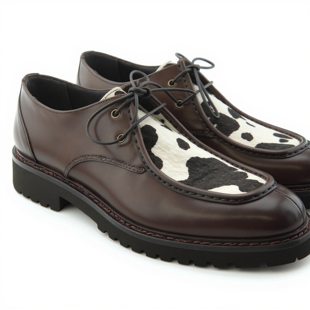 Primer plano de los zapatos CALCE blucher cacao, mostrando la piel antic, la costura Goodyear y la suela BLOK, destacando la calidad artesanal.