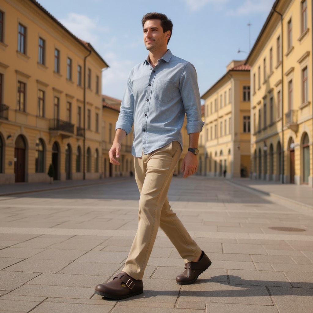 Hombre con zuecos BIRKENSTOCK marrones, pantalones de lino y camisa, paseando por una plaza europea. Un look casual elegante para el verano.