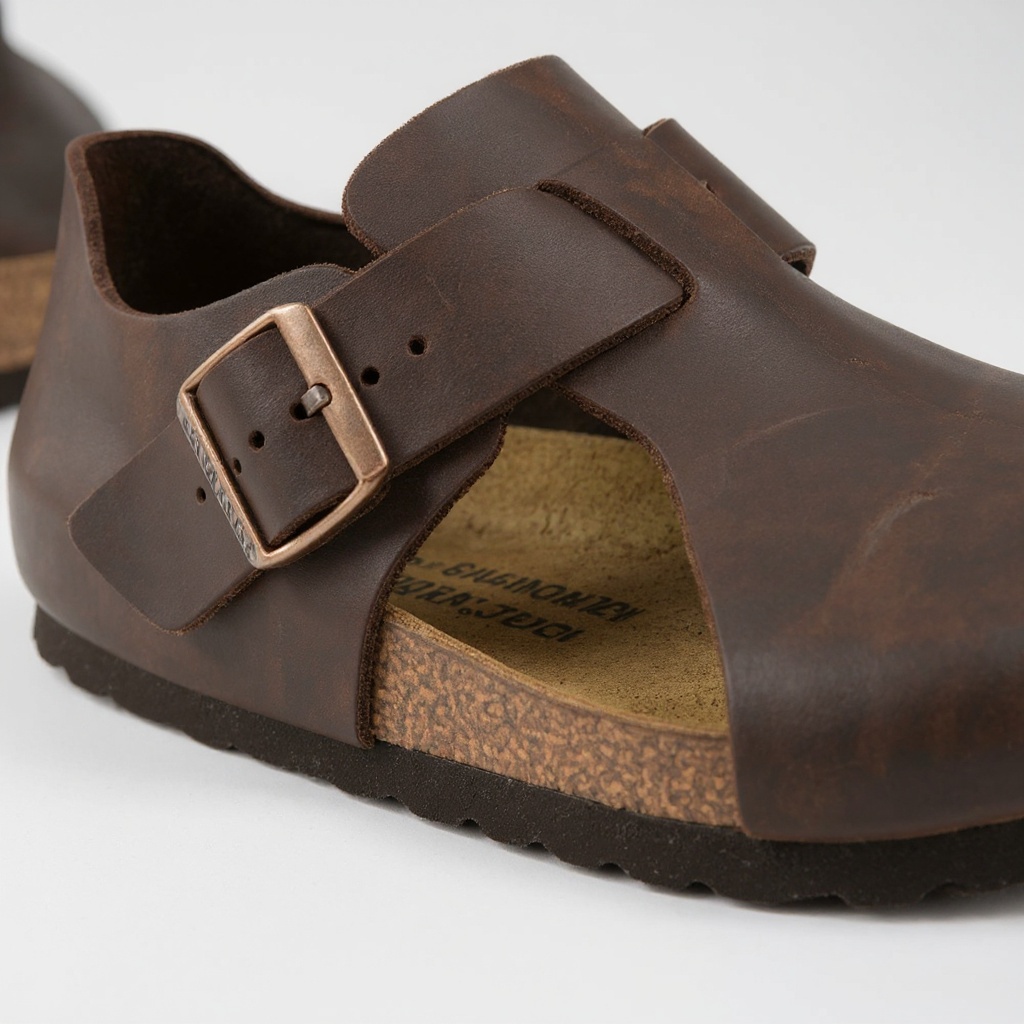 Detalle de cerca del zueco BIRKENSTOCK marrón, mostrando la piel engrasada y la plantilla anatómica de corcho y látex.