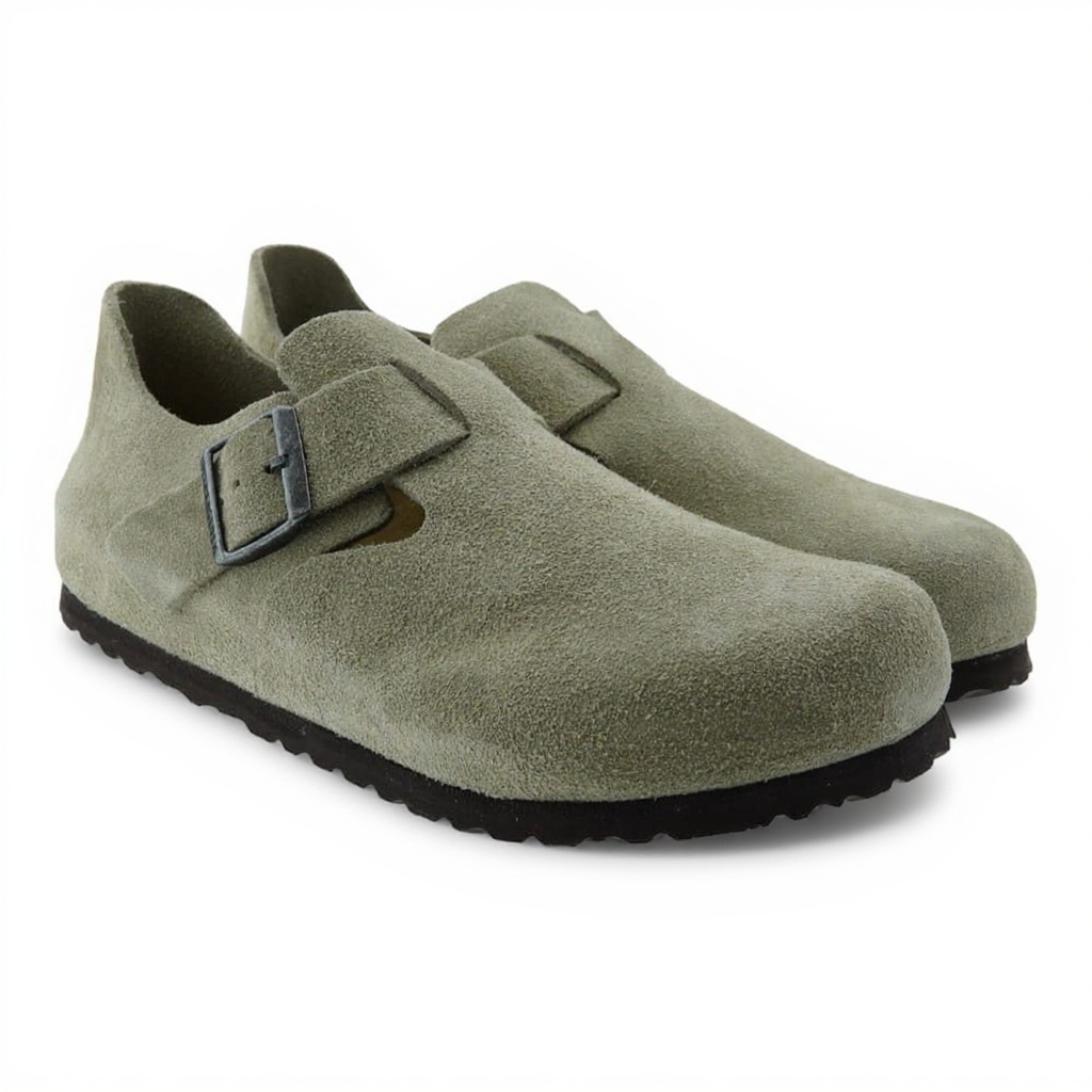 Hombre disfrutando en una terraza, calzando zuecos BIRKENSTOCK taupe de forma elegante y relajada.