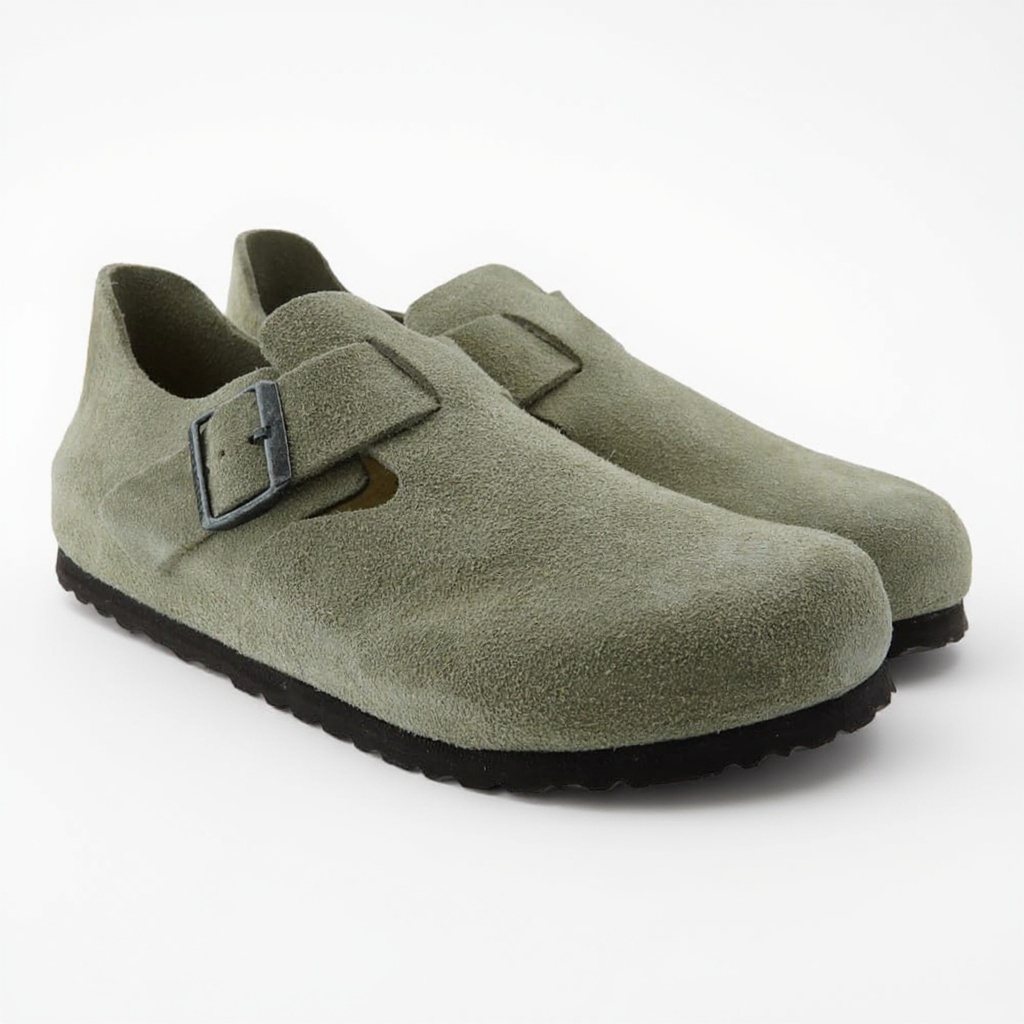 Vista de cerca del zueco BIRKENSTOCK taupe, mostrando la piel engrasada y la plantilla anatómica de corcho y látex.