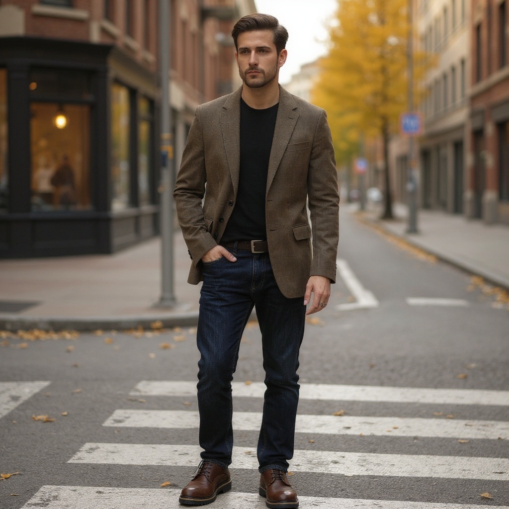 Hombre con botas Chelsea Birkenstock marrones en un entorno urbano otoñal, luciendo un estilo elegante y casual.