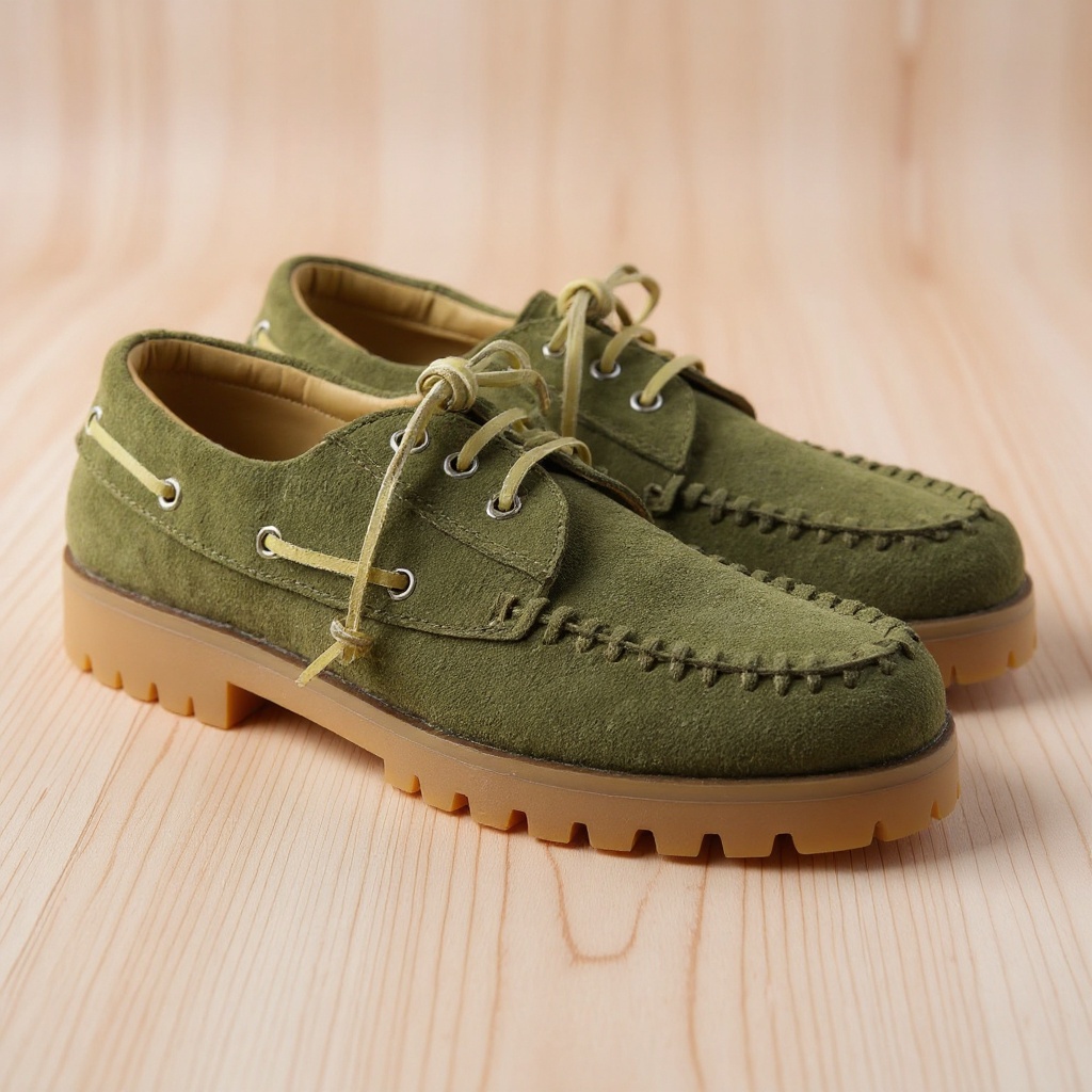 Primer plano de los náuticos LAGOA verdes, mostrando detalles de piel, suede y costuras artesanales.