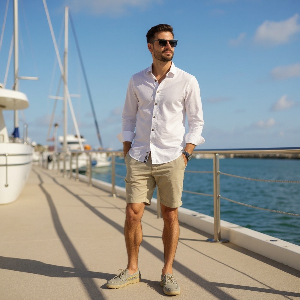 Un hombre elegante con náuticos Lagoa color piedra en la cubierta de un velero, disfrutando de un día soleado en el mar.