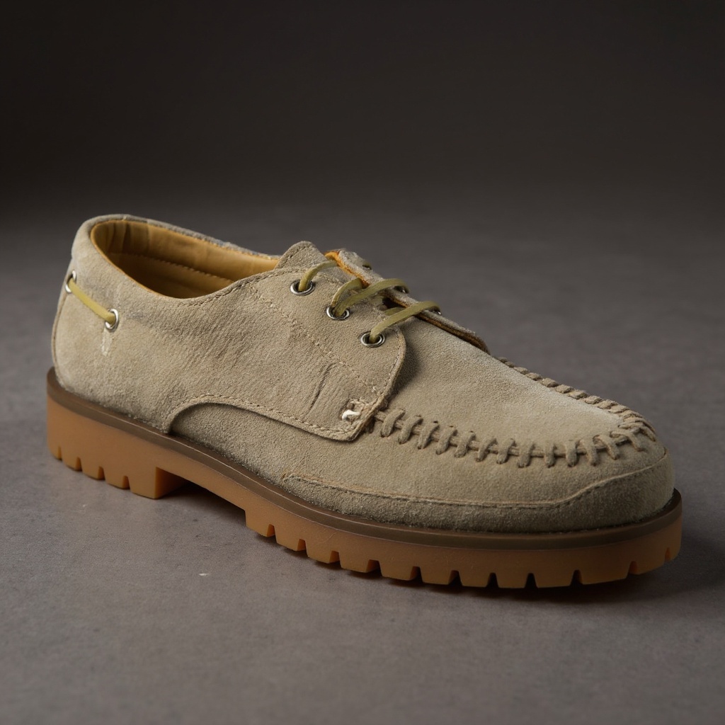 Detalle en primer plano del zapato náutico Lagoa color piedra, mostrando la textura del ante, las costuras de precisión y los cordones de cuero, sobre un fondo neutro.