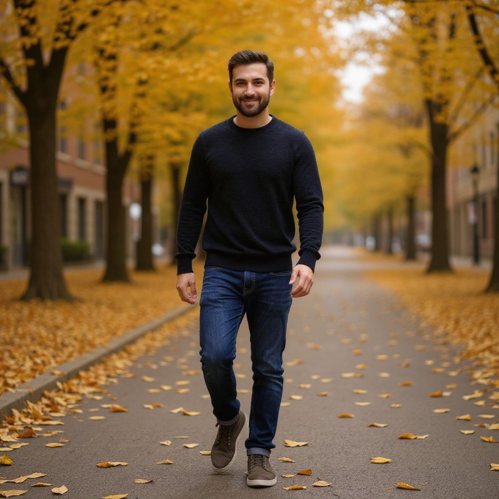 Hombre con botas UGG de cuero oscuro combinadas con vaqueros y suéter en un paseo otoñal.