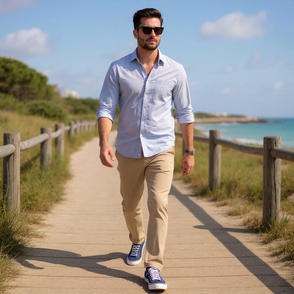 Hombre caminando por un paseo marítimo con zapatillas Superga lonas azul, camisa de lino y pantalones chinos claros.