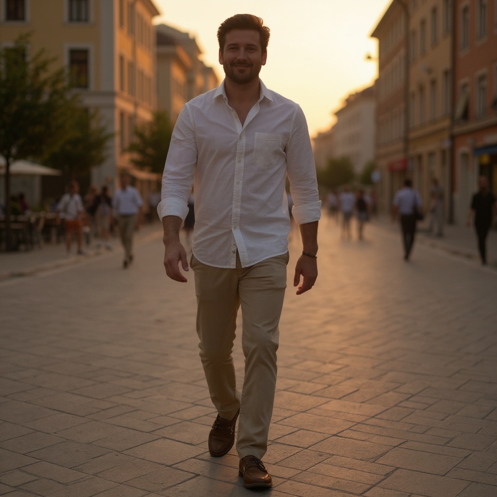Hombre con mocasines CALCE de cuero combinados con chinos y camisa de lino, paseando por la costa al atardecer.