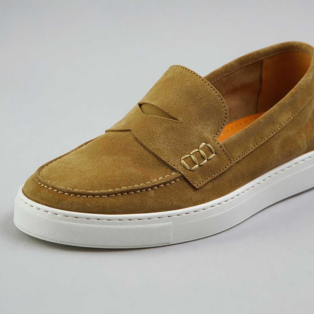 Detalle de la piel y costuras de los mocasines CALCE de cuero, mostrando la construcción Blake y la calidad artesanal.