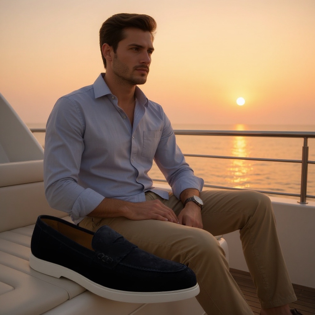 Hombre elegante luciendo mocasines azules CALCE con pantalón chino beige y camisa de lino, disfrutando de un atardecer en un yate.